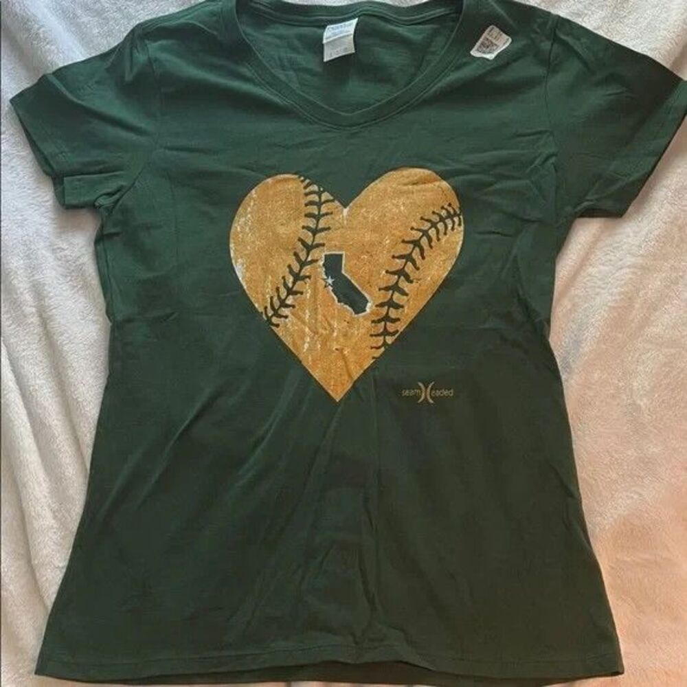 Green California Heart Baseball T-Shirt (Ladies S)